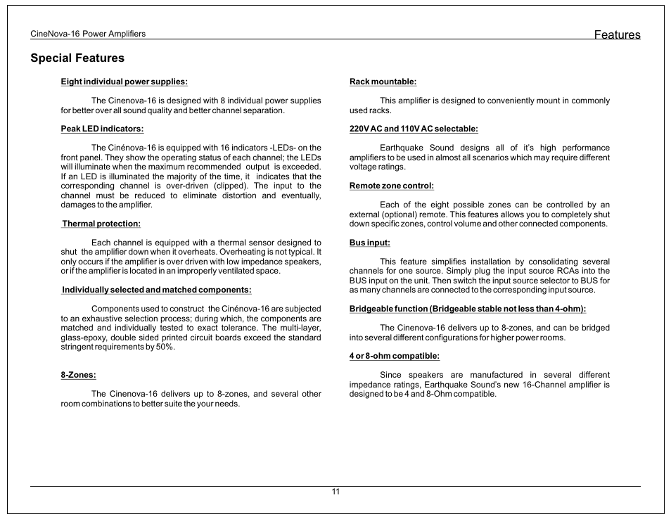 Features, Special features | Earthquake Sound Cinenova 16 User Manual | Page 11 / 16