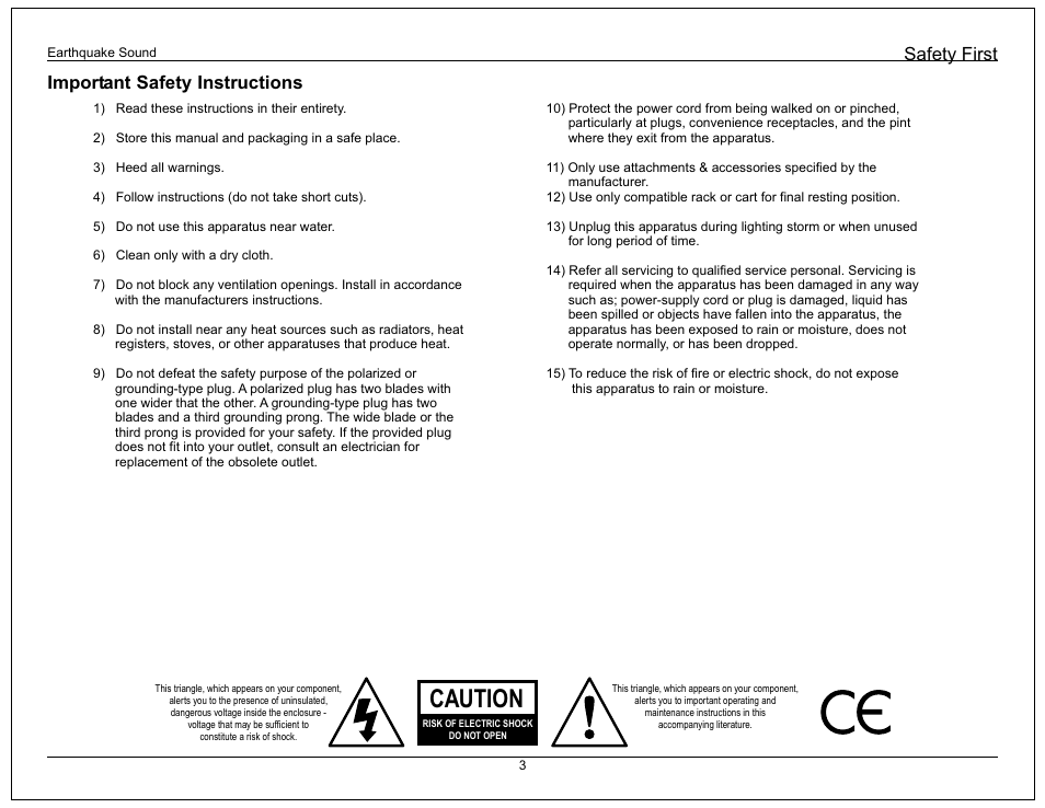 Caution, Important safety instructions, Safety first | Earthquake Sound Cinenova 16 User Manual | Page 3 / 16