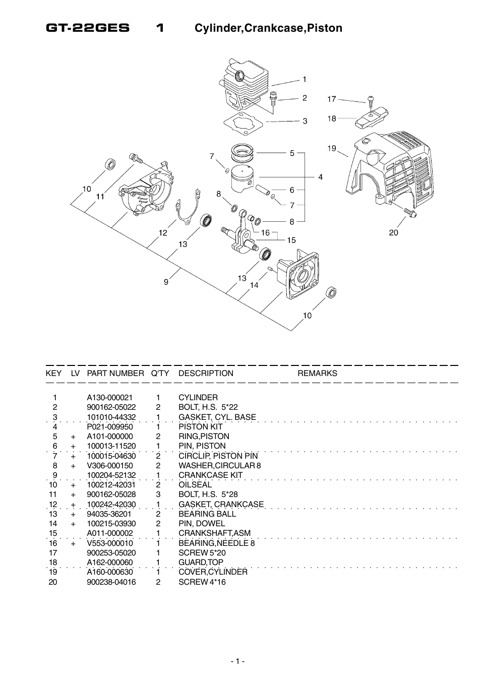 Gt-22ges 1 cylinder,crankcase,piston | Echo GT-22GES User Manual | Page 2 / 13