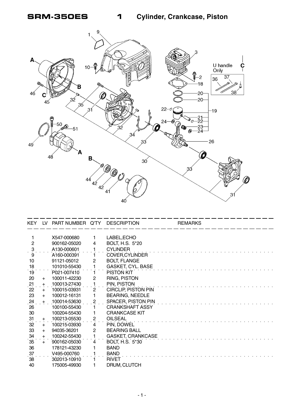 Srm-350es 1 cylinder, crankcase, piston | Echo SRM-350ES User Manual | Page 2 / 16