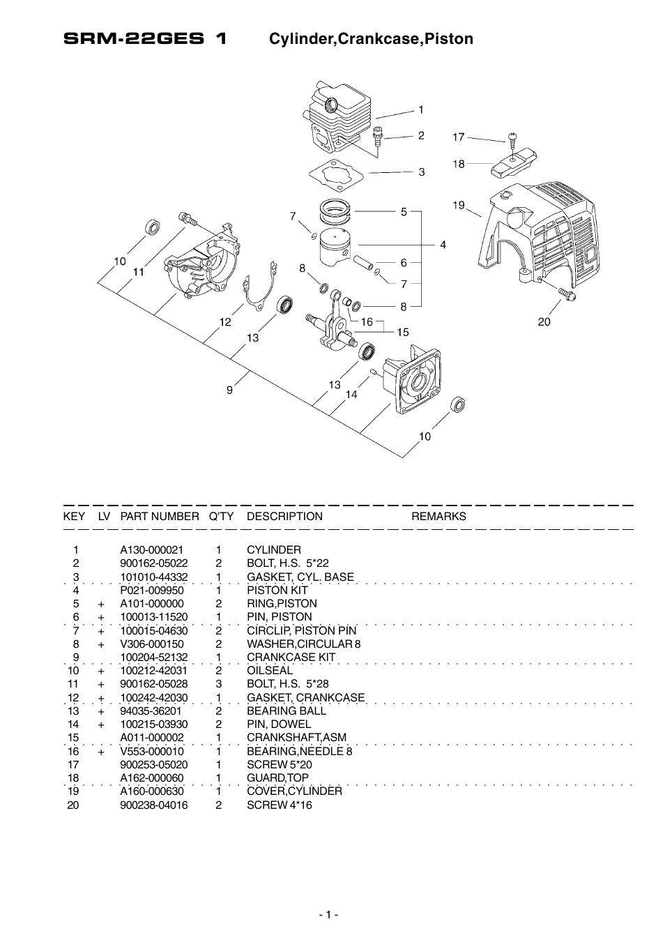 Srm-22ges 1 cylinder,crankcase,piston | Echo SRM-22GES User Manual | Page 2 / 13