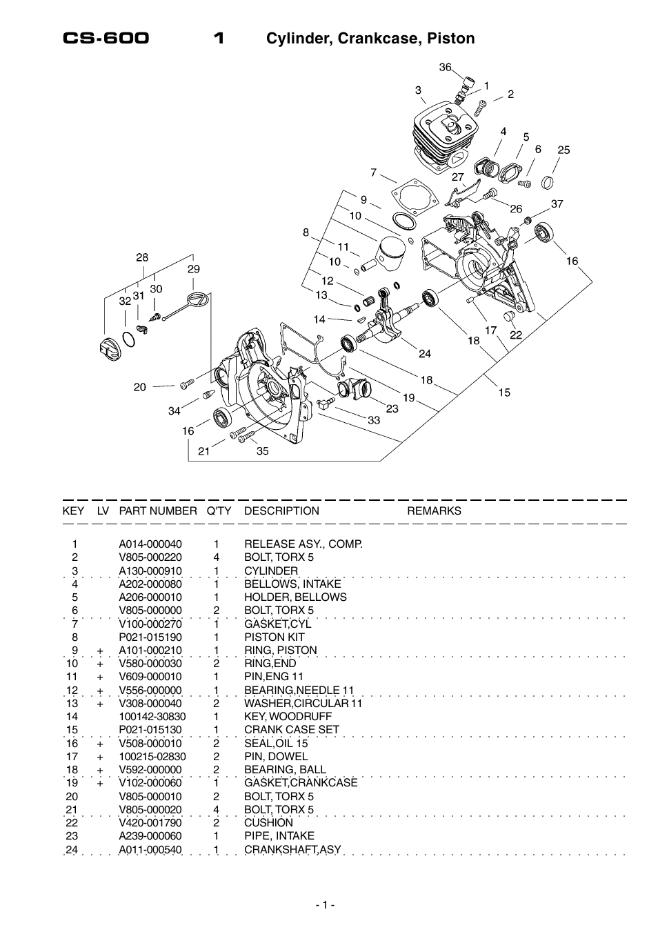 Cs-600 1 cylinder, crankcase, piston | Echo CS-600 User Manual | Page 2 / 16