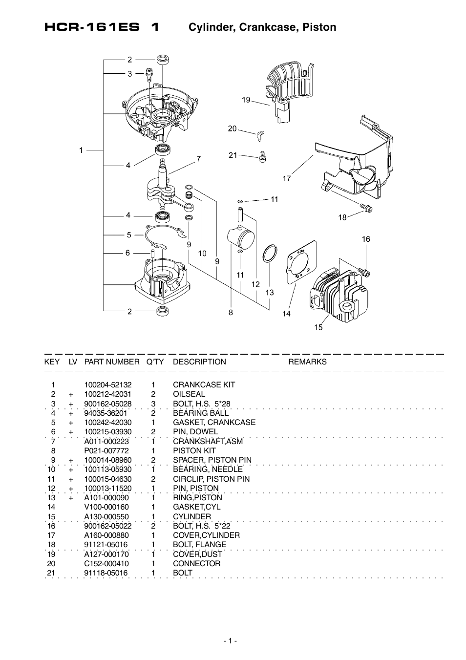 Hcr-161es 1 cylinder, crankcase, piston | Echo HCR-161ES User Manual | Page 2 / 16