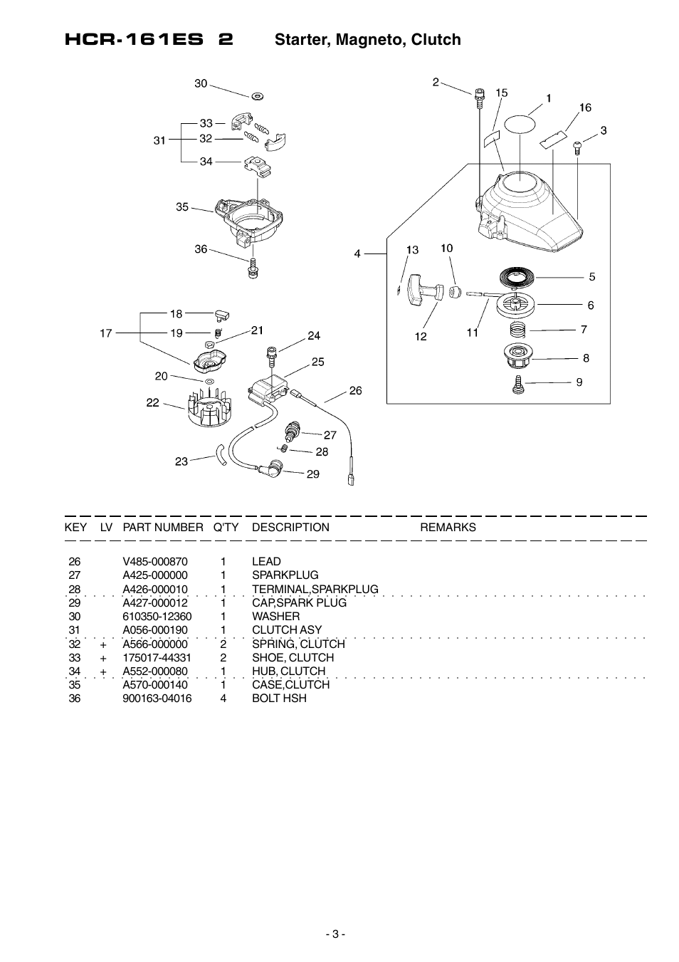 Hcr-161es 2 starter, magneto, clutch | Echo HCR-161ES User Manual | Page 4 / 16