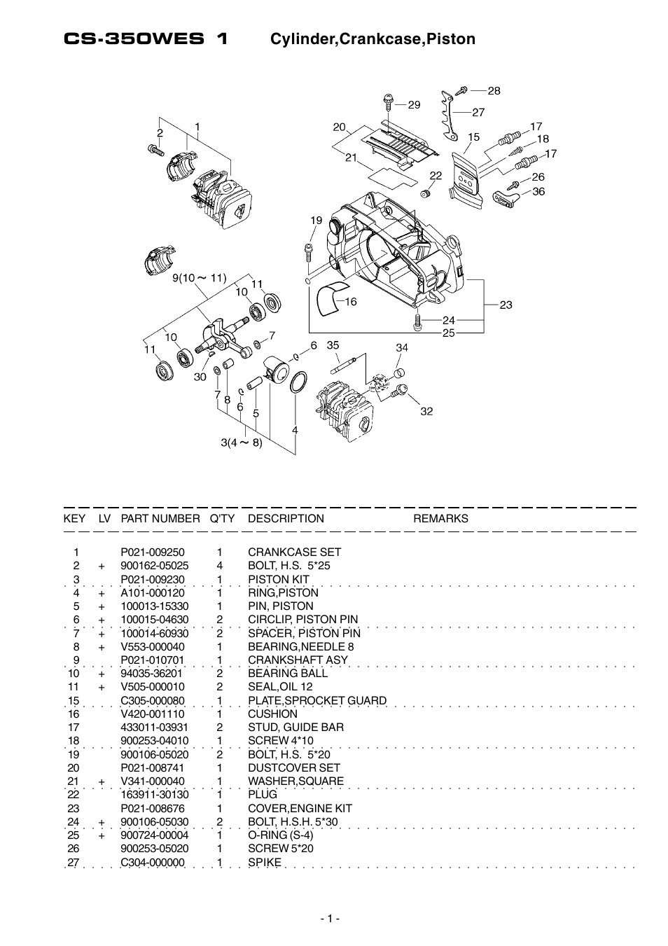 Cs-350wes 1 cylinder,crankcase,piston | Echo CS-350WES User Manual | Page 2 / 18