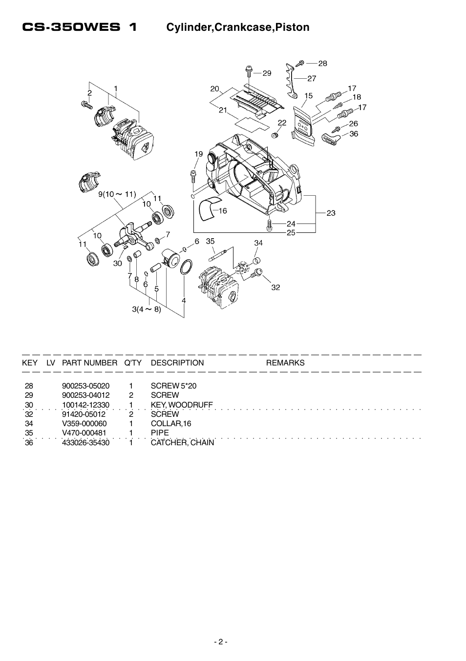 Cs-350wes 1 cylinder,crankcase,piston | Echo CS-350WES User Manual | Page 3 / 18