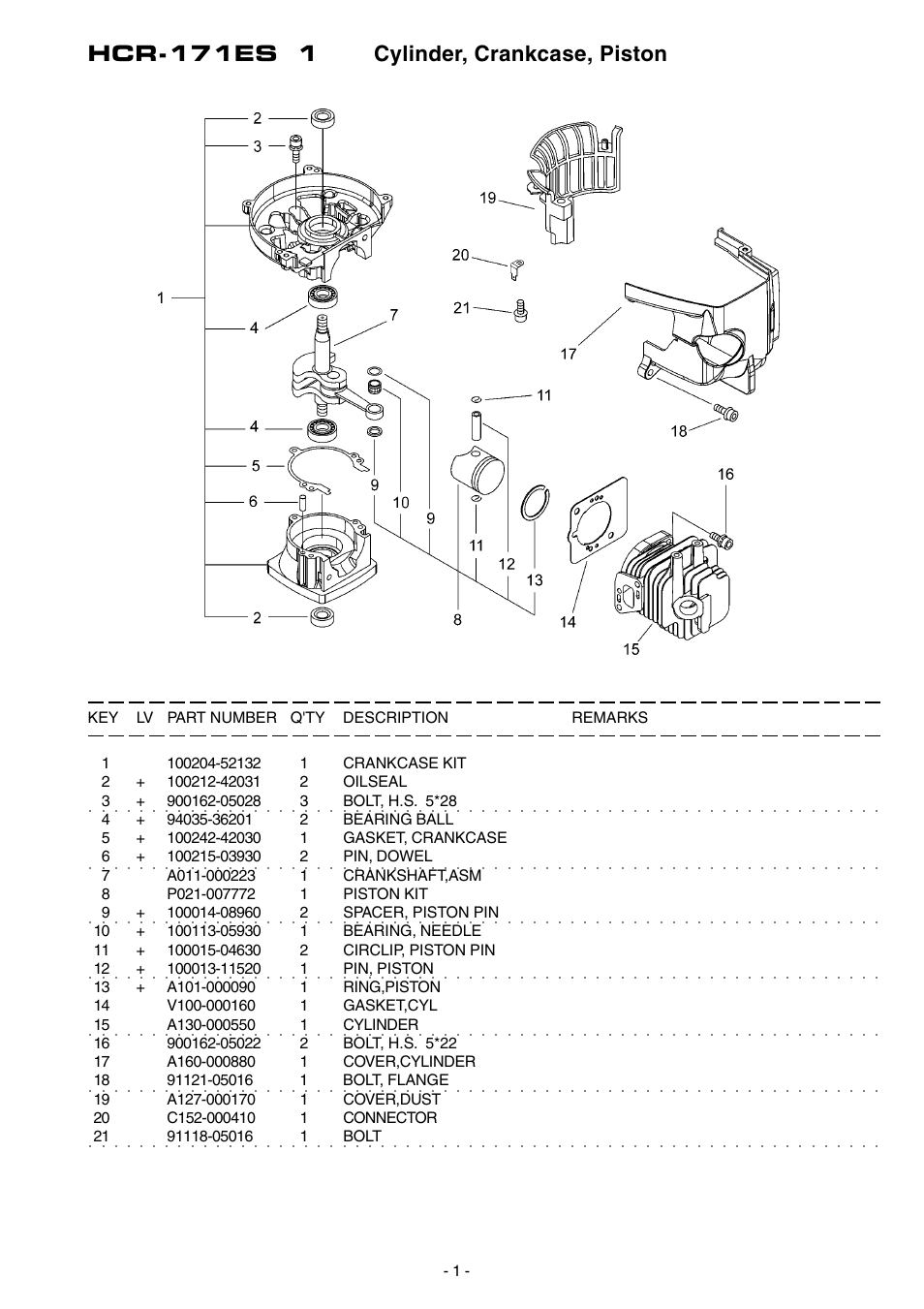 Hcr-171es 1 cylinder, crankcase, piston | Echo HCR-171ES User Manual | Page 2 / 16