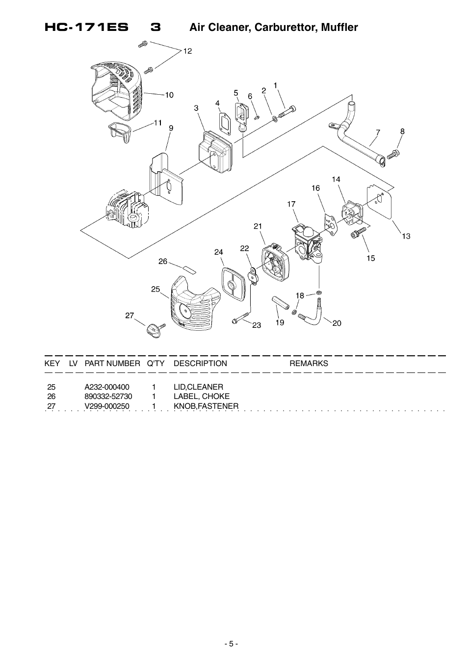 Hc-171es 3 air cleaner, carburettor, muffler | Echo HCR-171ES User Manual | Page 6 / 16