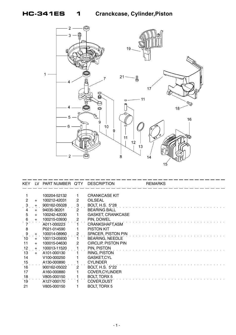 Hc-341es 1 cranckcase, cylinder,piston | Echo HC-341ES User Manual | Page 2 / 16