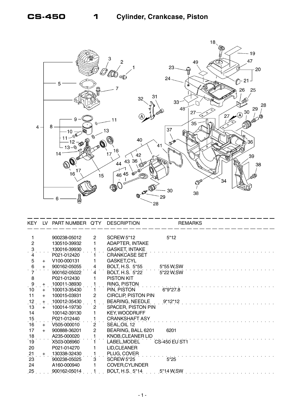 Cs-450 1 cylinder, crankcase, piston | Echo CS-450 User Manual | Page 2 / 16