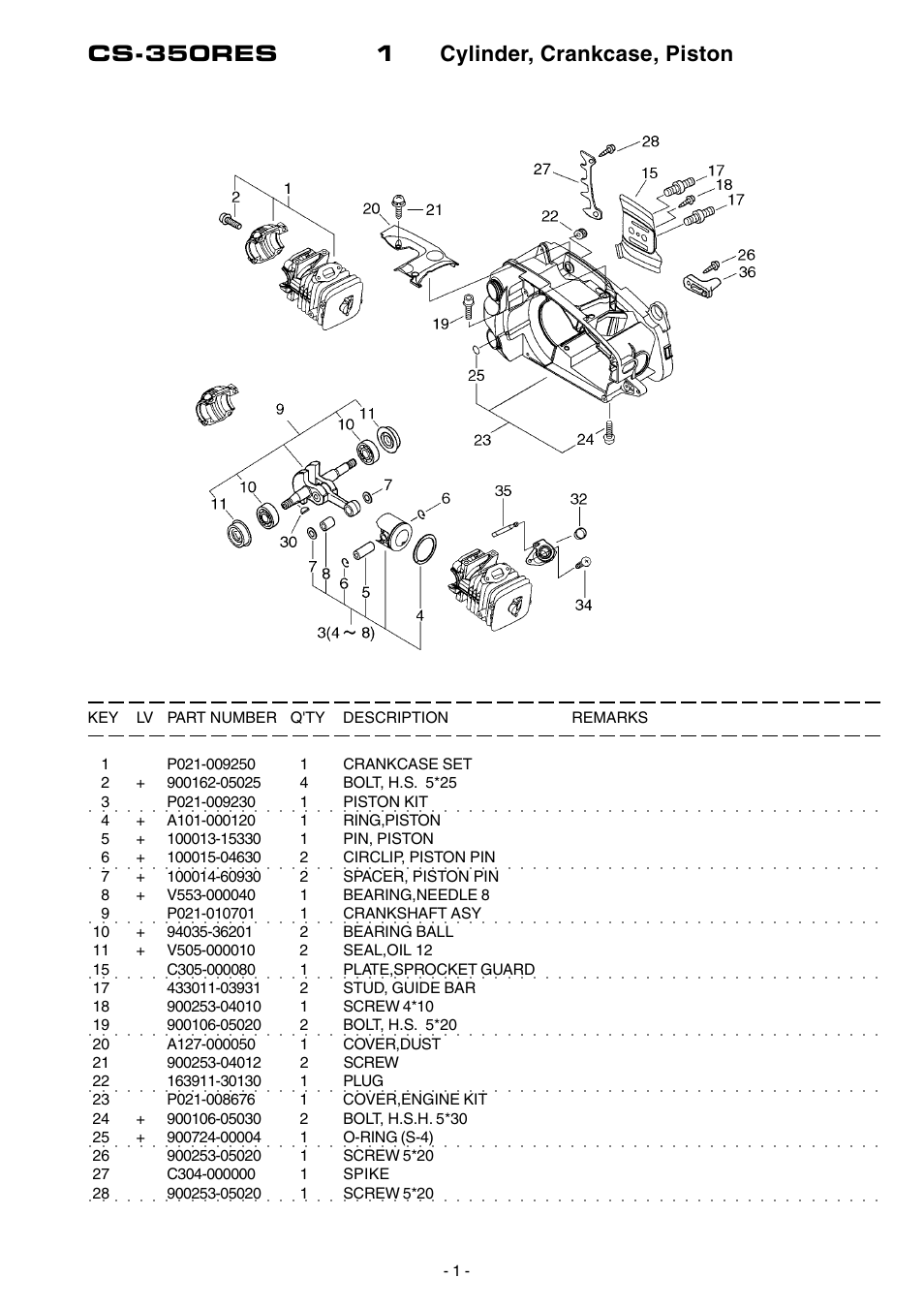 Cs-350res 1 cylinder, crankcase, piston | Echo CS-350TES User Manual | Page 2 / 16