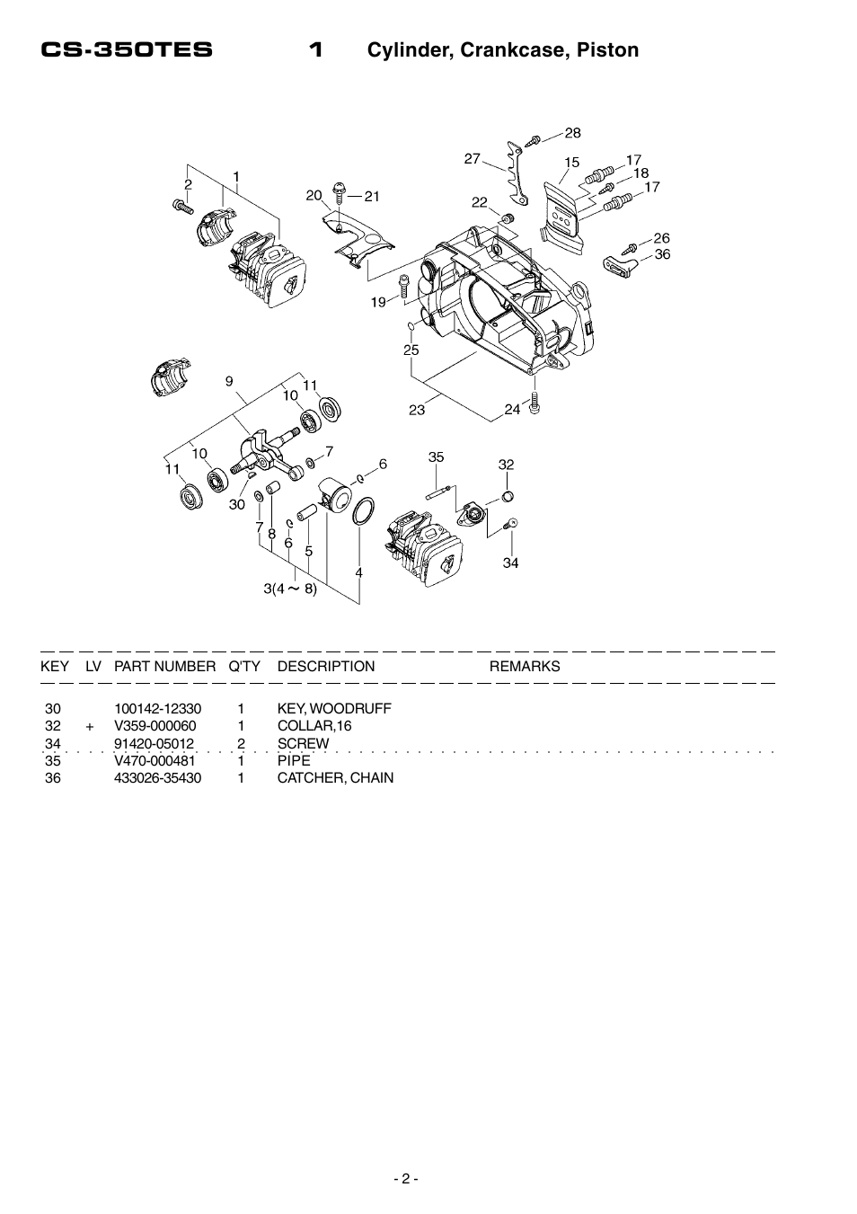 Cs-350tes 1 cylinder, crankcase, piston | Echo CS-350TES User Manual | Page 3 / 16