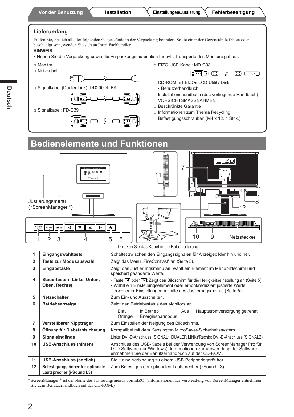 Bedienelemente und funktionen, Deutsch | Eizo FlexScan SX3031W User Manual | Page 10 / 60