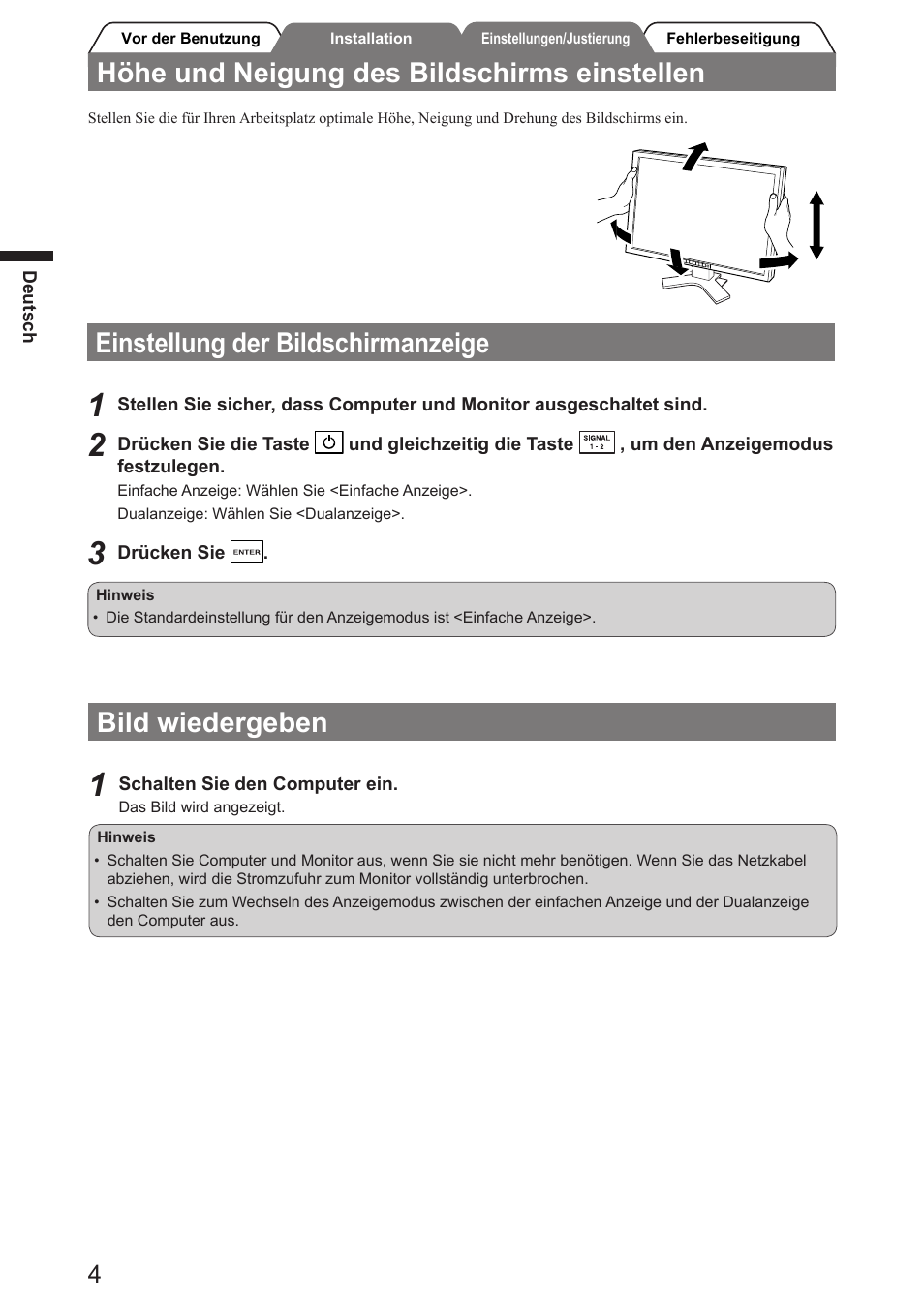 Bild wiedergeben, Einstellung der bildschirmanzeige, Höhe und neigung des bildschirms einstellen | Eizo FlexScan SX3031W User Manual | Page 12 / 60