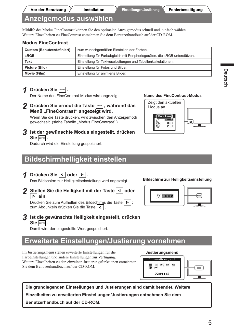 Anzeigemodus auswählen, Bildschirmhelligkeit einstellen, Erweiterte einstellungen/justierung vornehmen | Eizo FlexScan SX3031W User Manual | Page 13 / 60