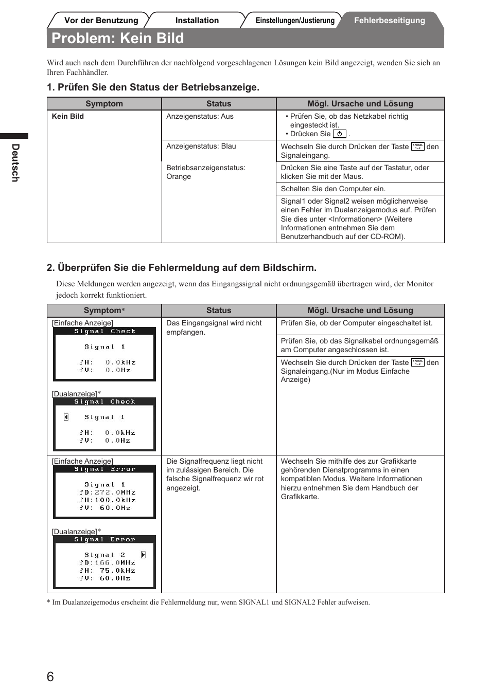Problem: kein bild, Deutsch, Prüfen sie den status der betriebsanzeige | Eizo FlexScan SX3031W User Manual | Page 14 / 60