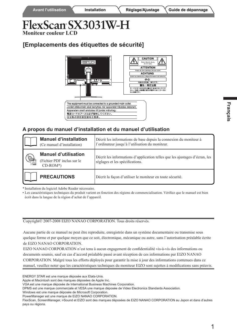 Emplacements des étiquettes de sécurité, Moniteur couleur lcd | Eizo FlexScan SX3031W User Manual | Page 15 / 60