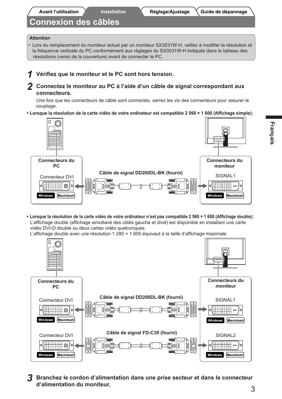 Connexion des câbles | Eizo FlexScan SX3031W User Manual | Page 17 / 60