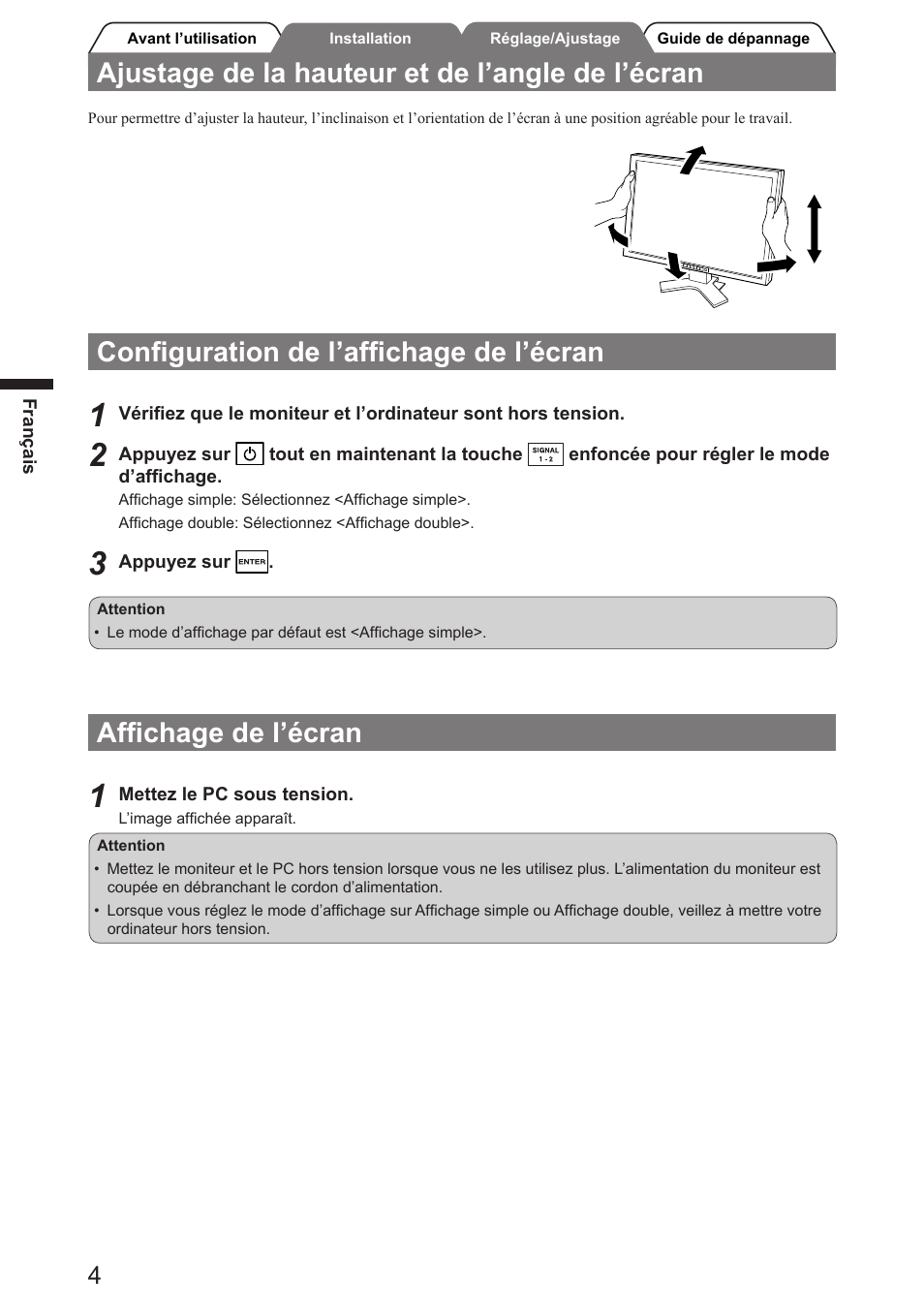 Afﬁchage de l’écran, Conﬁguration de l’afﬁchage de l’écran, Ajustage de la hauteur et de l’angle de l’écran | Eizo FlexScan SX3031W User Manual | Page 18 / 60