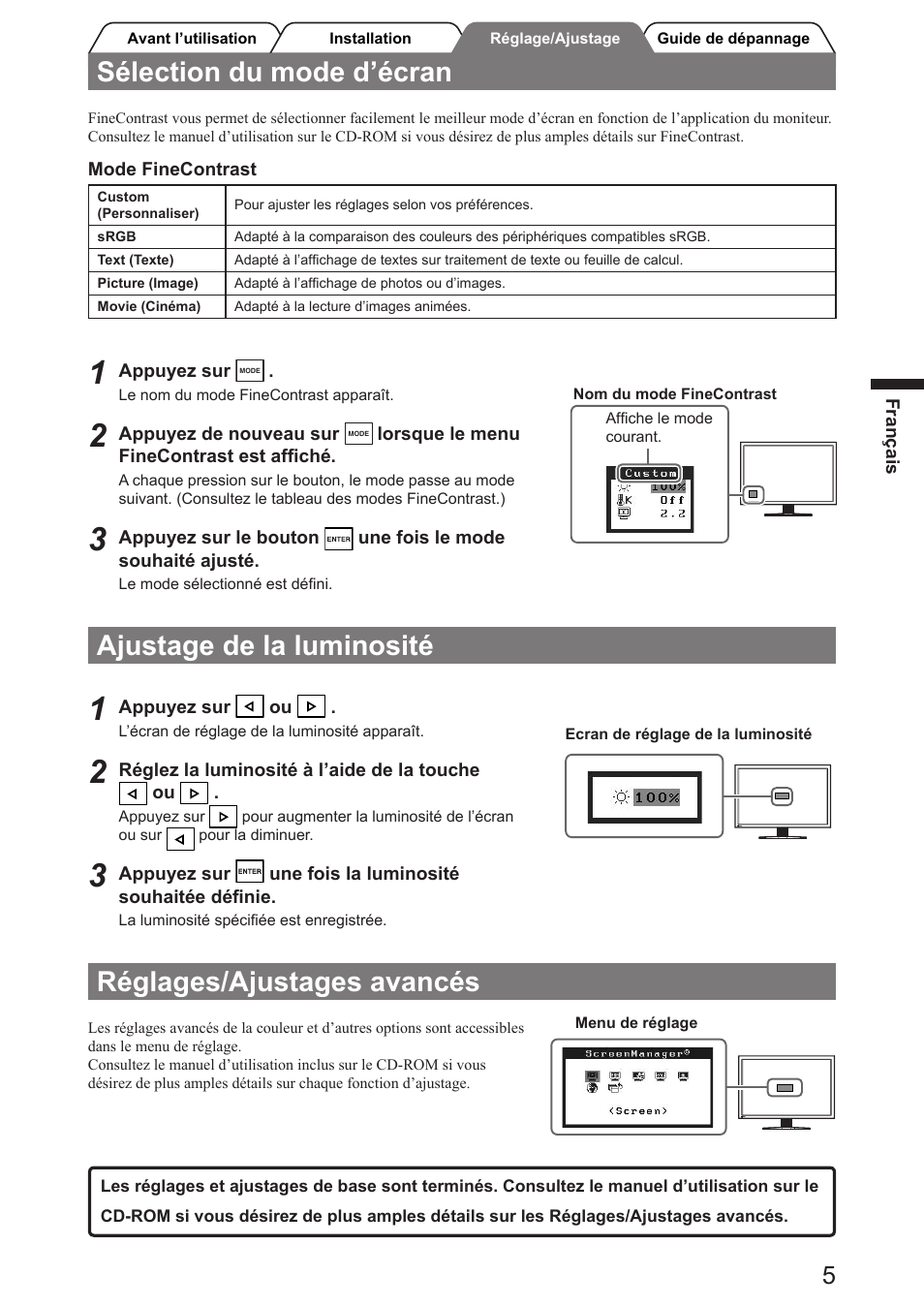 Sélection du mode d’écran, Ajustage de la luminosité, Réglages/ajustages avancés | Eizo FlexScan SX3031W User Manual | Page 19 / 60