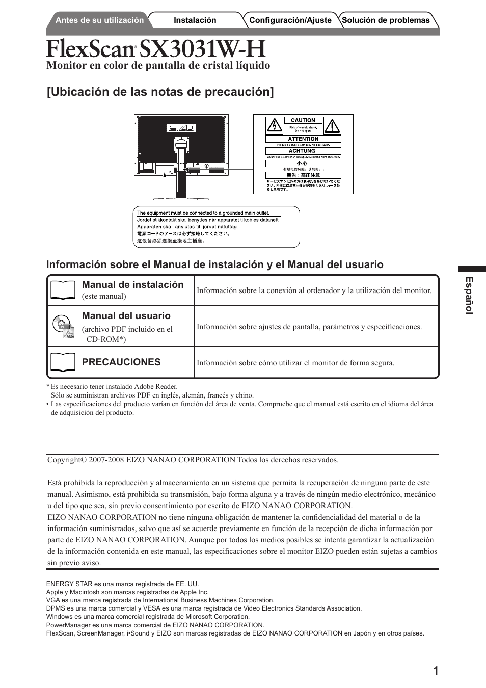Ubicación de las notas de precaución, Monitor en color de pantalla de cristal líquido | Eizo FlexScan SX3031W User Manual | Page 21 / 60