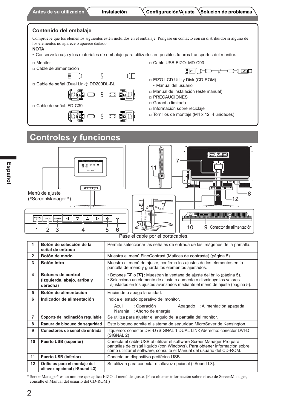 Controles y funciones, Español | Eizo FlexScan SX3031W User Manual | Page 22 / 60