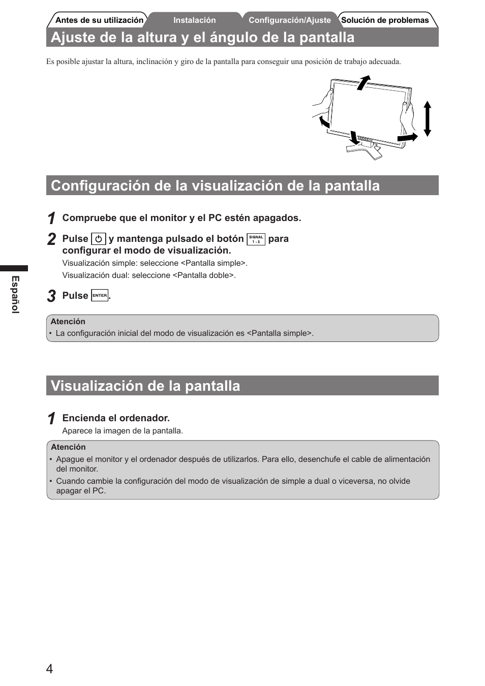 Visualización de la pantalla, Conﬁguración de la visualización de la pantalla, Ajuste de la altura y el ángulo de la pantalla | Eizo FlexScan SX3031W User Manual | Page 24 / 60