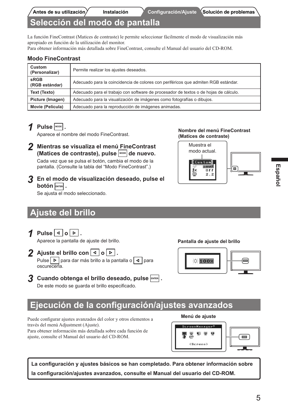 Selección del modo de pantalla, Ajuste del brillo, Ejecución de la conﬁguración/ajustes avanzados | Eizo FlexScan SX3031W User Manual | Page 25 / 60