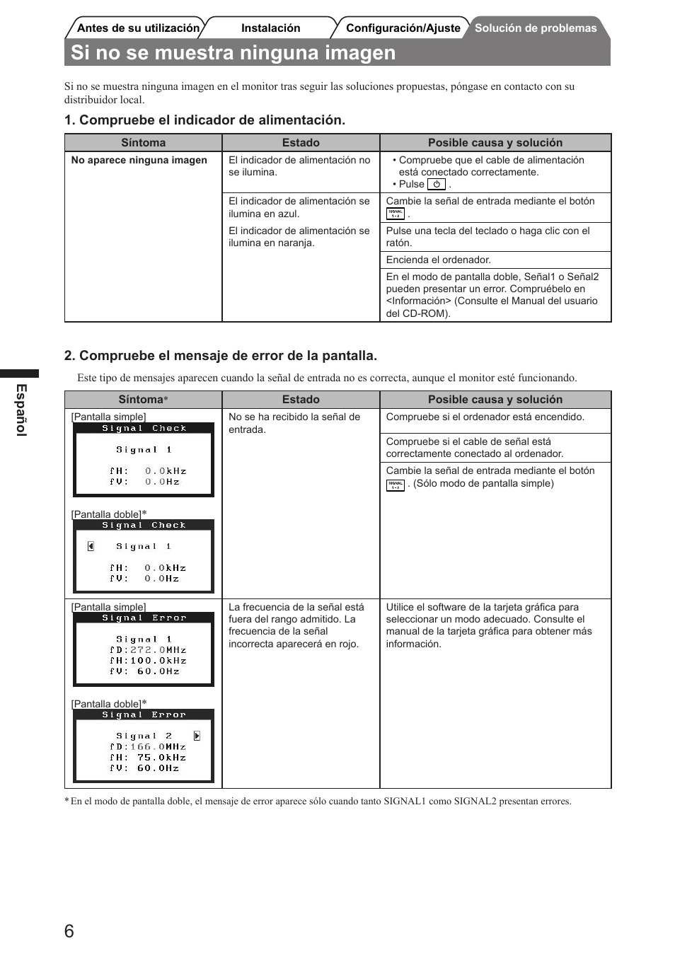 Si no se muestra ninguna imagen, Español, Compruebe el indicador de alimentación | Compruebe el mensaje de error de la pantalla | Eizo FlexScan SX3031W User Manual | Page 26 / 60