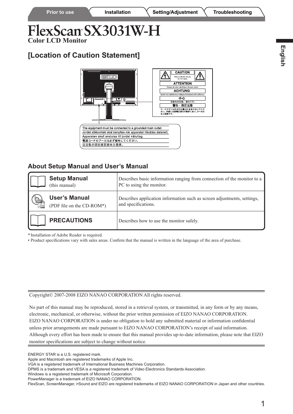 Location of caution statement, Color lcd monitor, About setup manual and user’s manual | Eizo FlexScan SX3031W User Manual | Page 3 / 60