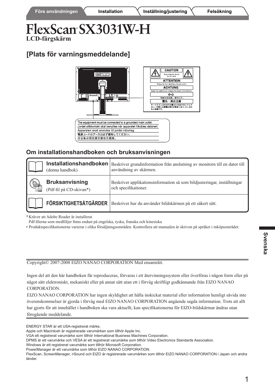 Plats för varningsmeddelande, Lcd-färgskärm, Om installationshandboken och bruksanvisningen | Eizo FlexScan SX3031W User Manual | Page 33 / 60