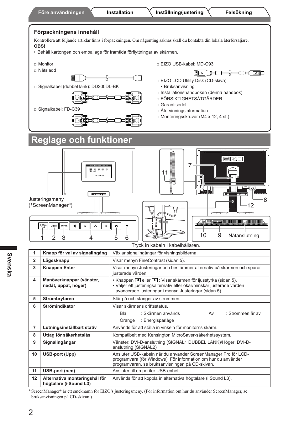 Reglage och funktioner, Svenska | Eizo FlexScan SX3031W User Manual | Page 34 / 60