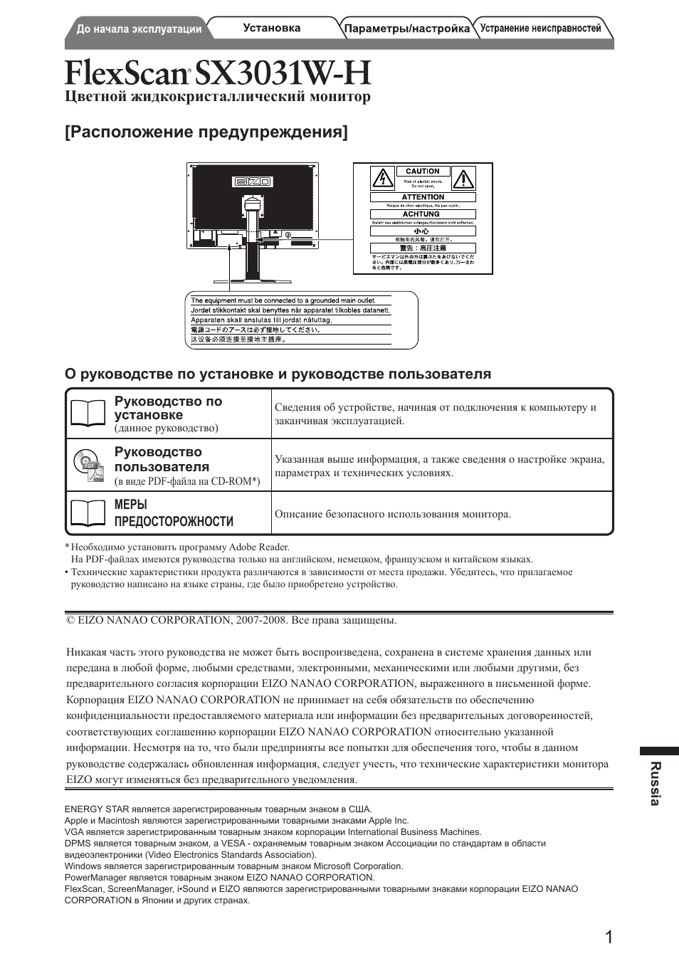 Расположение предупреждения, Цветной жидкокристаллический монитор | Eizo FlexScan SX3031W User Manual | Page 45 / 60