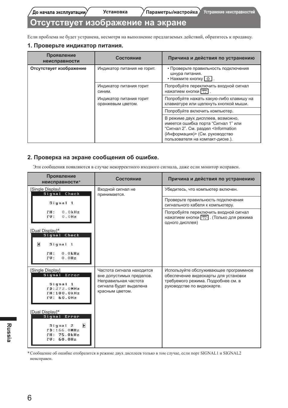 Отсутствует изображение на экране, Russia, Проверьте индикатор питания | Проверка на экране сообщения об ошибке | Eizo FlexScan SX3031W User Manual | Page 50 / 60