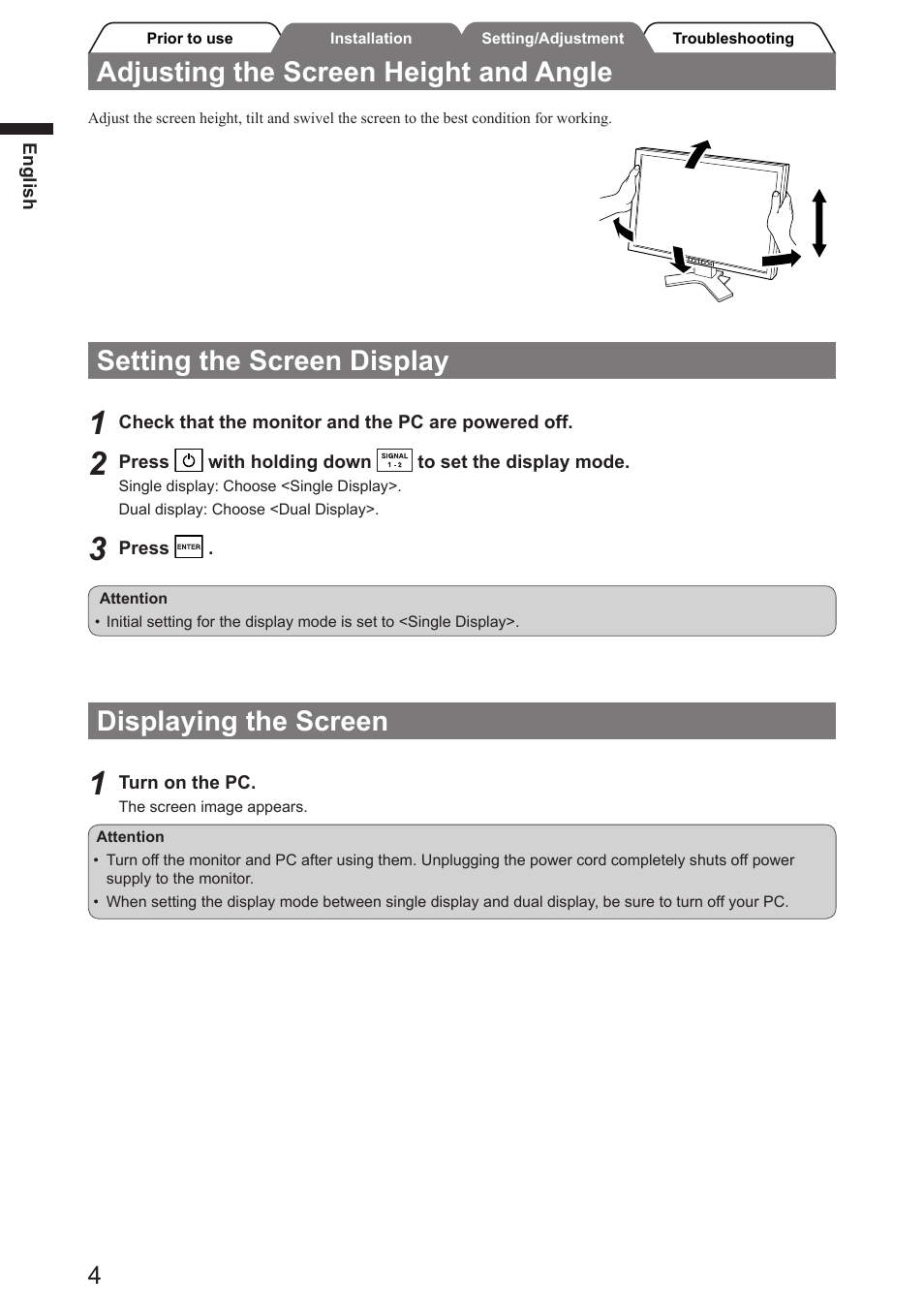 Adjusting the screen height and angle, Setting the screen display, Displaying the screen | Eizo FlexScan SX3031W User Manual | Page 6 / 60