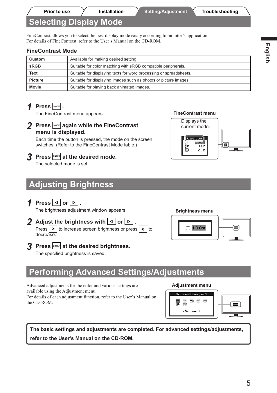 Selecting display mode, Adjusting brightness, Performing advanced settings/adjustments | Eizo FlexScan SX3031W User Manual | Page 7 / 60