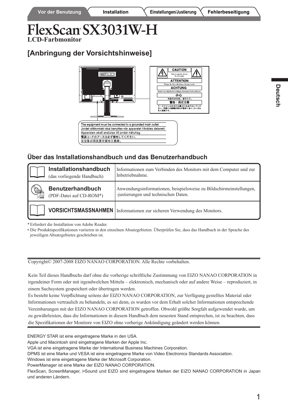 Anbringung der vorsichtshinweise, Lcd-farbmonitor | Eizo FlexScan SX3031W User Manual | Page 9 / 60