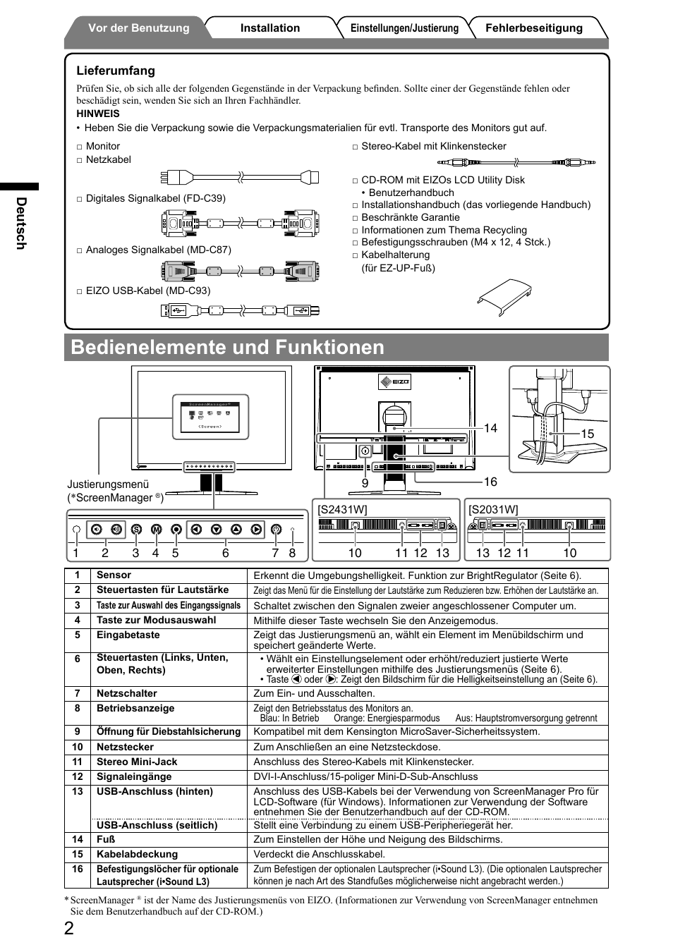 Bedienelemente und funktionen, Deutsch | Eizo FlexScan S2031W User Manual | Page 12 / 76