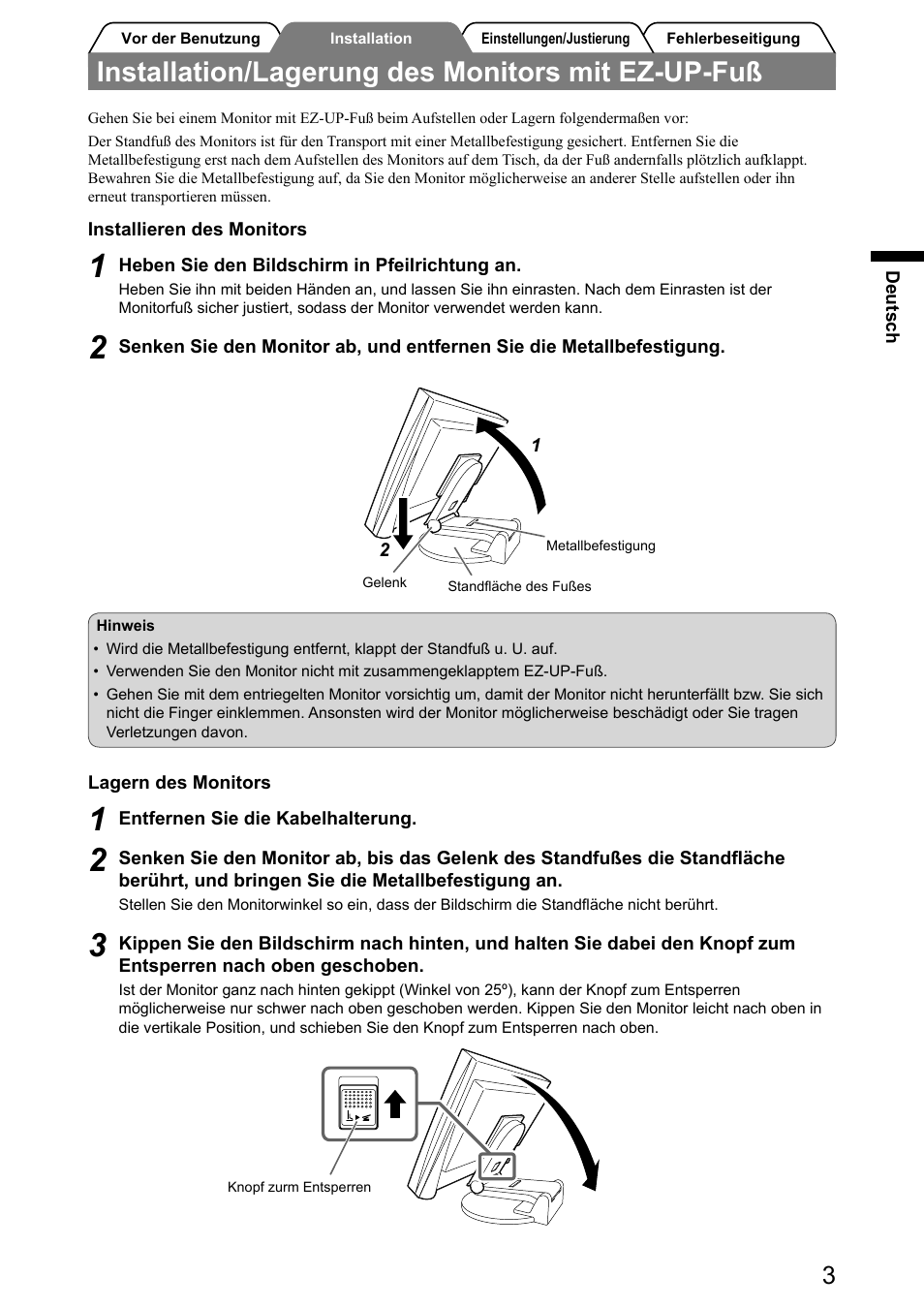 Installation/lagerung des monitors mit ez-up-fuß | Eizo FlexScan S2031W User Manual | Page 13 / 76