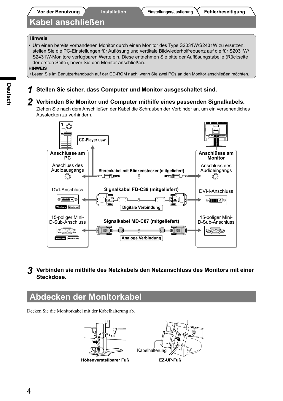 Kabel anschließen, Abdecken der monitorkabel | Eizo FlexScan S2031W User Manual | Page 14 / 76