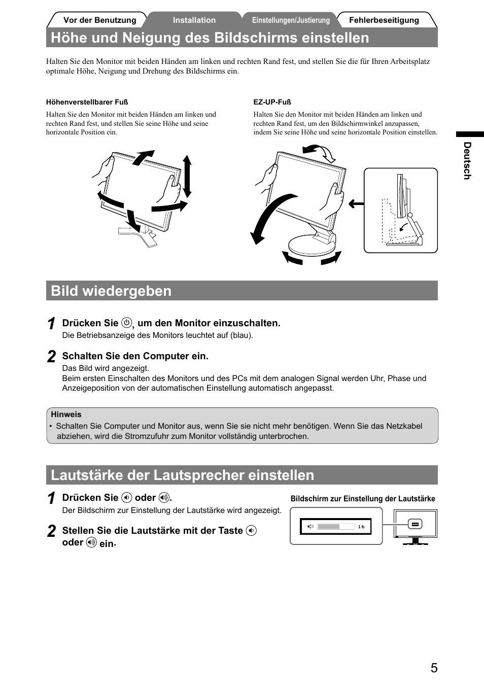 Bild wiedergeben, Lautstärke der lautsprecher einstellen, Höhe und neigung des bildschirms einstellen | Eizo FlexScan S2031W User Manual | Page 15 / 76