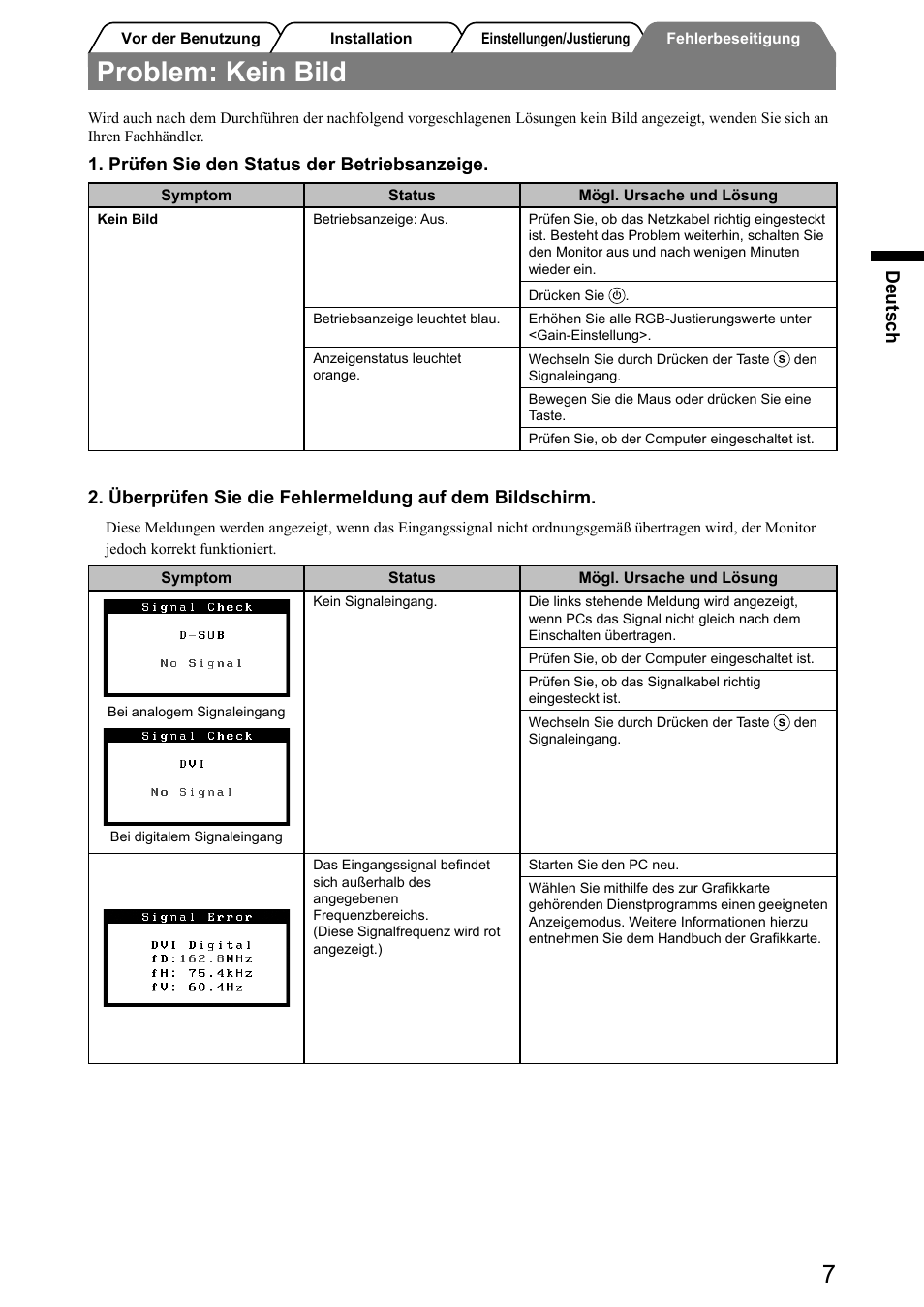 Problem: kein bild, Deutsch, Prüfen sie den status der betriebsanzeige | Eizo FlexScan S2031W User Manual | Page 17 / 76