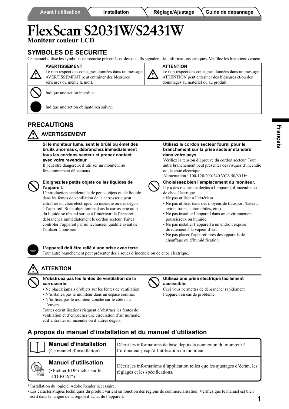 Moniteur couleur lcd, Symboles de securite, Precautions | Français, Manuel d’installation, Manuel d’utilisation | Eizo FlexScan S2031W User Manual | Page 19 / 76