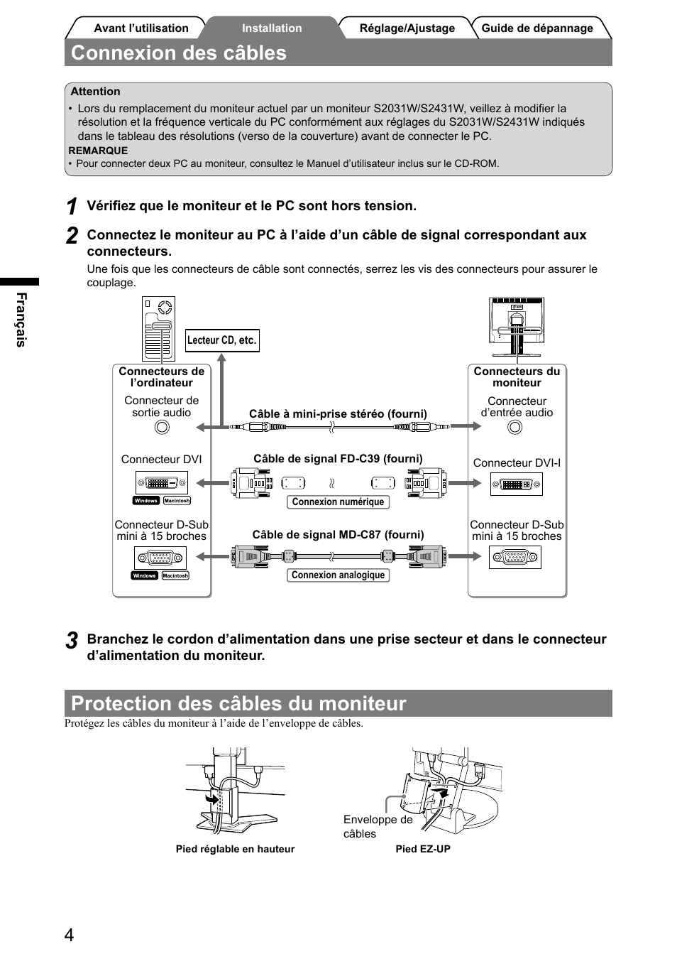 Connexion des câbles, Protection des câbles du moniteur | Eizo FlexScan S2031W User Manual | Page 22 / 76