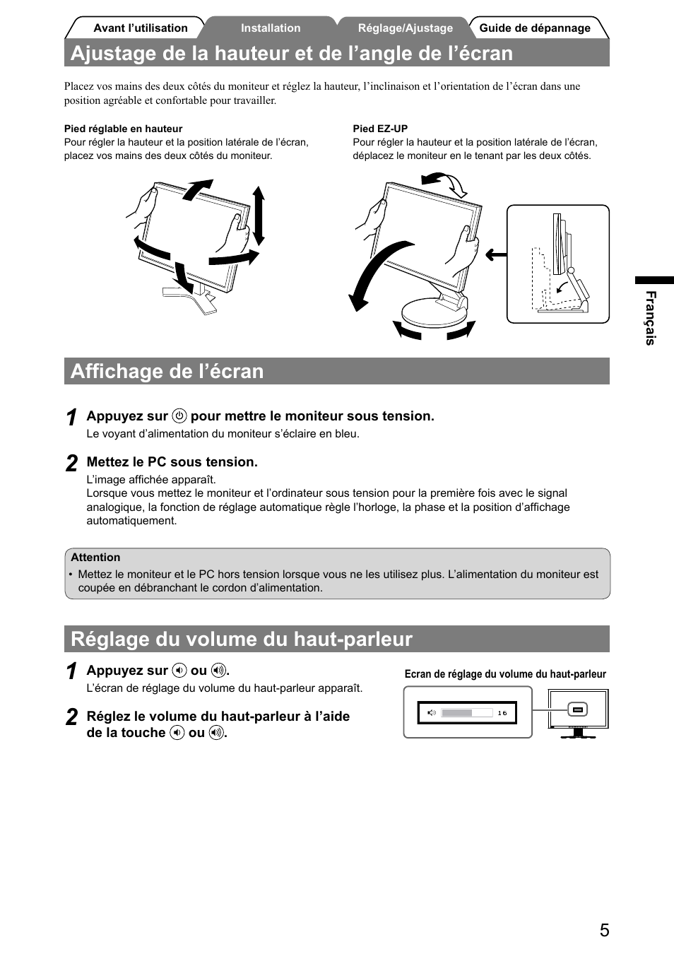 Afﬁchage de l’écran, Réglage du volume du haut-parleur, Ajustage de la hauteur et de l’angle de l’écran | Eizo FlexScan S2031W User Manual | Page 23 / 76