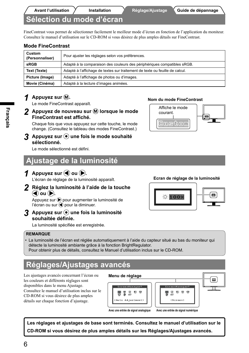 Sélection du mode d’écran, Ajustage de la luminosité, Réglages/ajustages avancés | Eizo FlexScan S2031W User Manual | Page 24 / 76