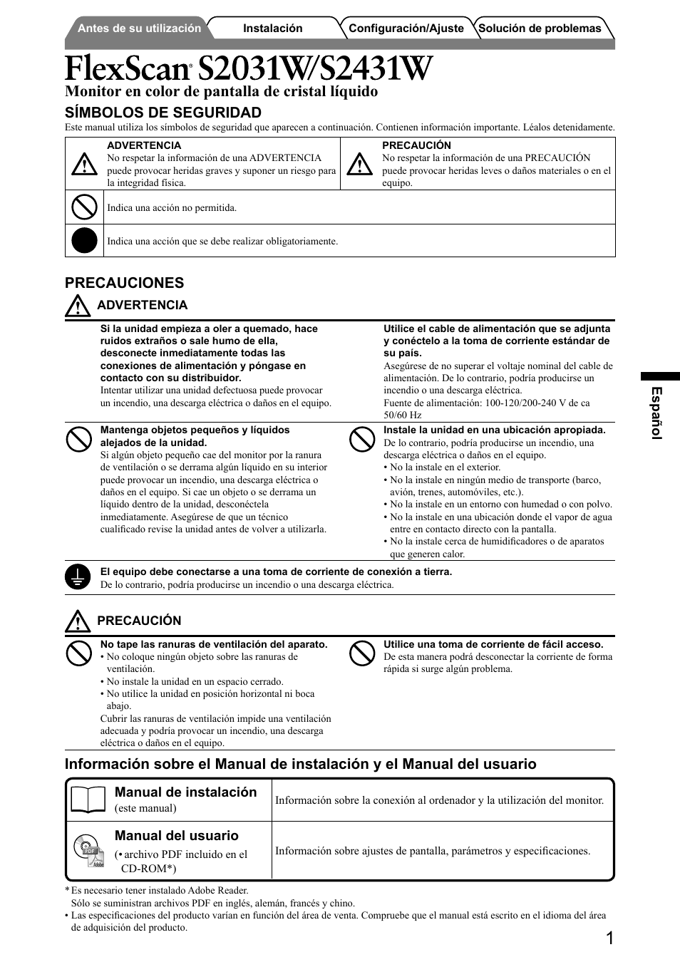 Monitor en color de pantalla de cristal líquido, Símbolos de seguridad, Precauciones | Español, Manual de instalación, Manual del usuario | Eizo FlexScan S2031W User Manual | Page 27 / 76