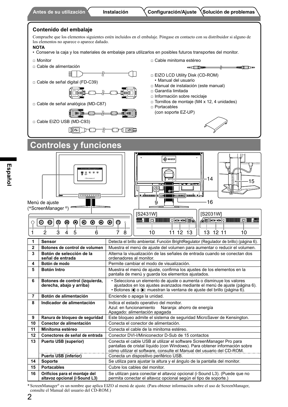Controles y funciones, Español | Eizo FlexScan S2031W User Manual | Page 28 / 76