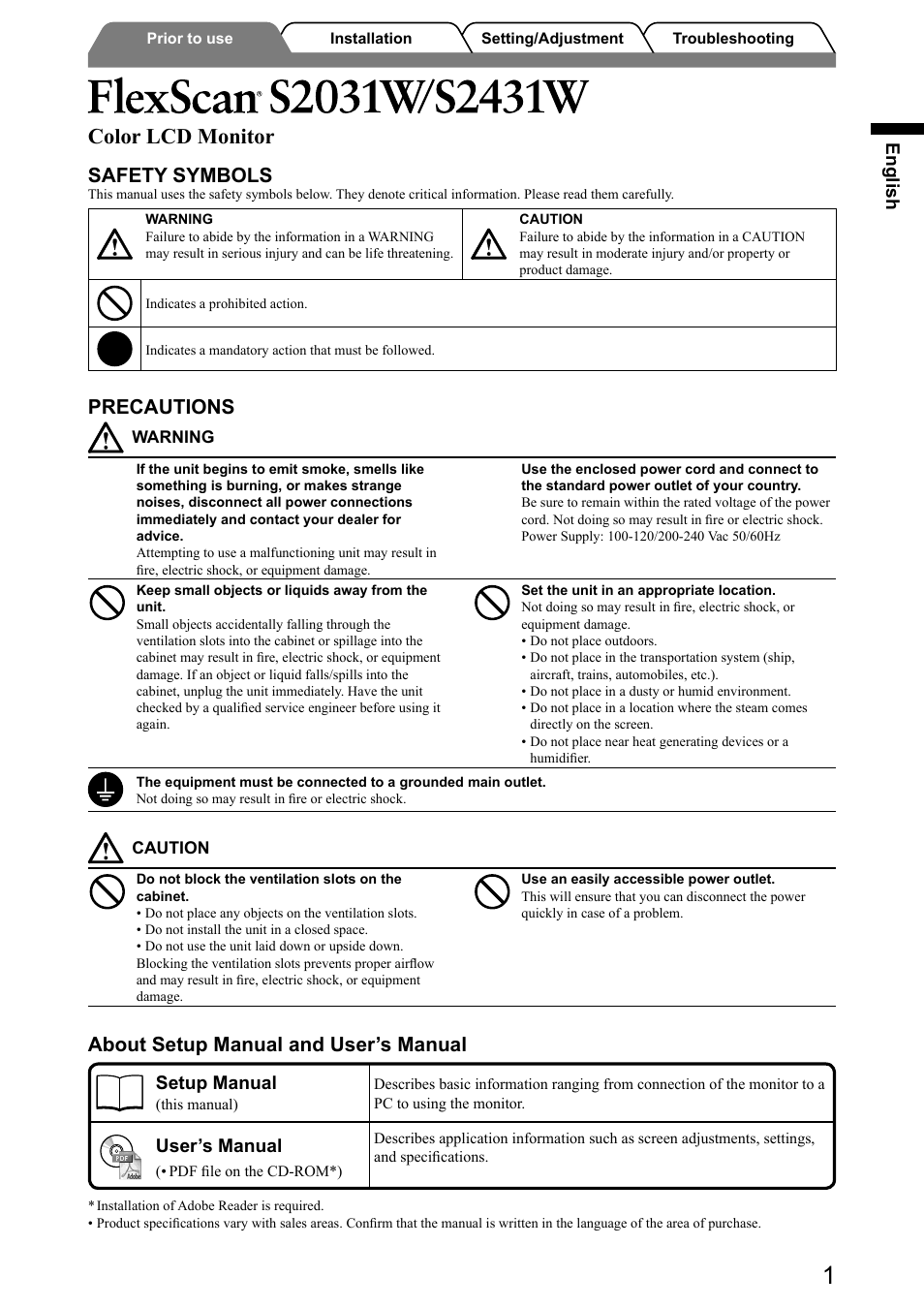 Color lcd monitor, Safety symbols, Precautions | About setup manual and user’s manual, English, Setup manual, User’s manual | Eizo FlexScan S2031W User Manual | Page 3 / 76