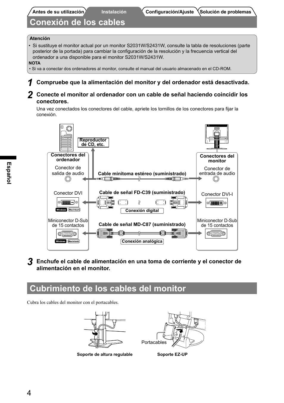 Conexión de los cables, Cubrimiento de los cables del monitor | Eizo FlexScan S2031W User Manual | Page 30 / 76